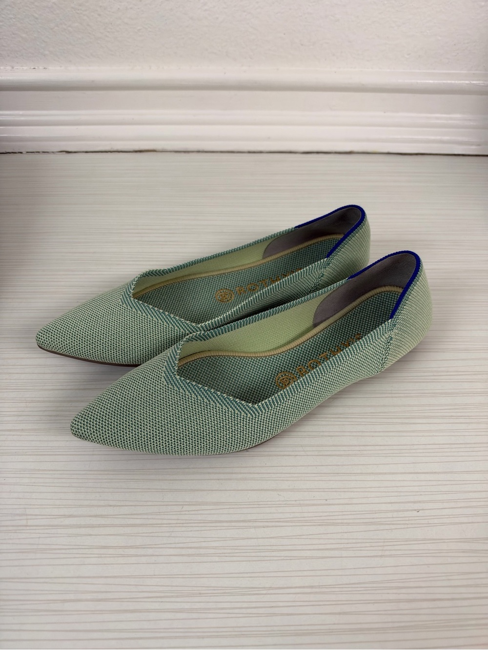 Rothy's Pointed Toe Knit Flats in Mint Green with Blue Trim